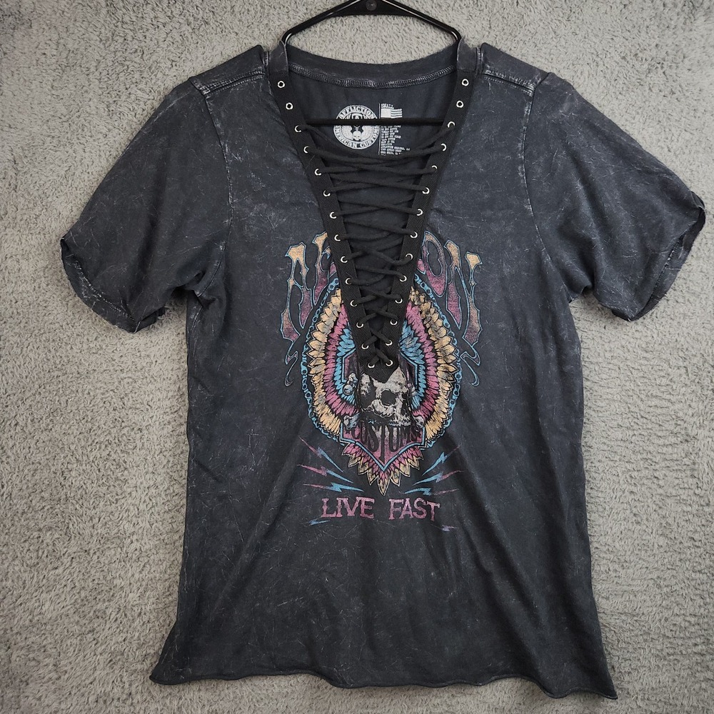 Affliction Women's Small Black Lace-Up Tee Top Shirt Deep V-Neck Skull Live Fast